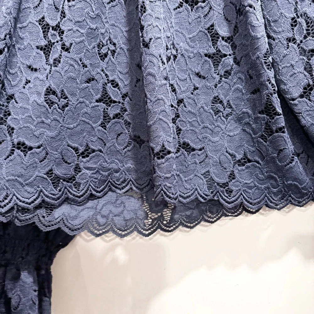 Free People Olivia Floral‎ Lace Top Navy Blue Medium Boho Sheer Peasant Cottage